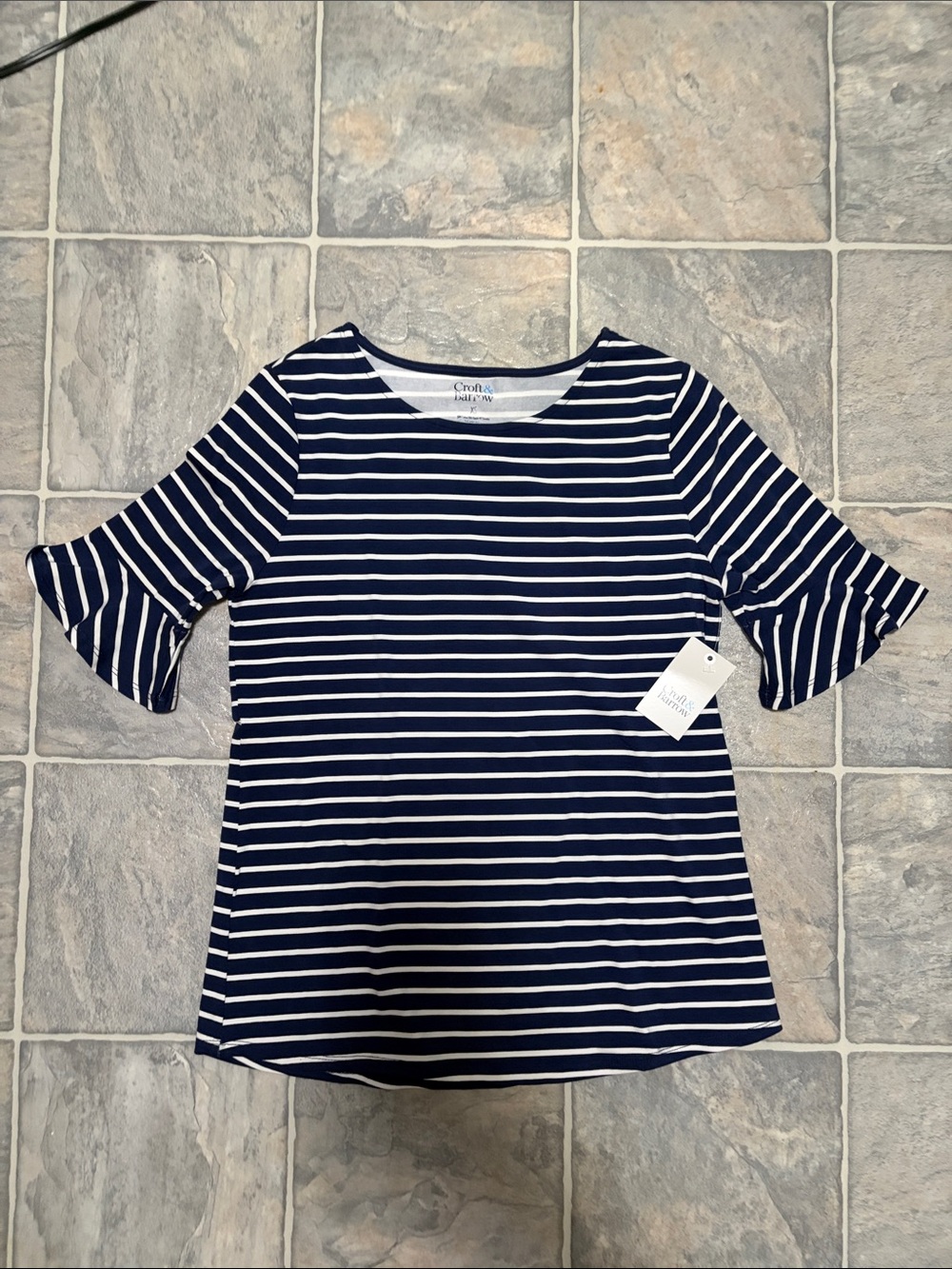 croft & barrow Navy and White Striped Ruffle Sleeve Tee